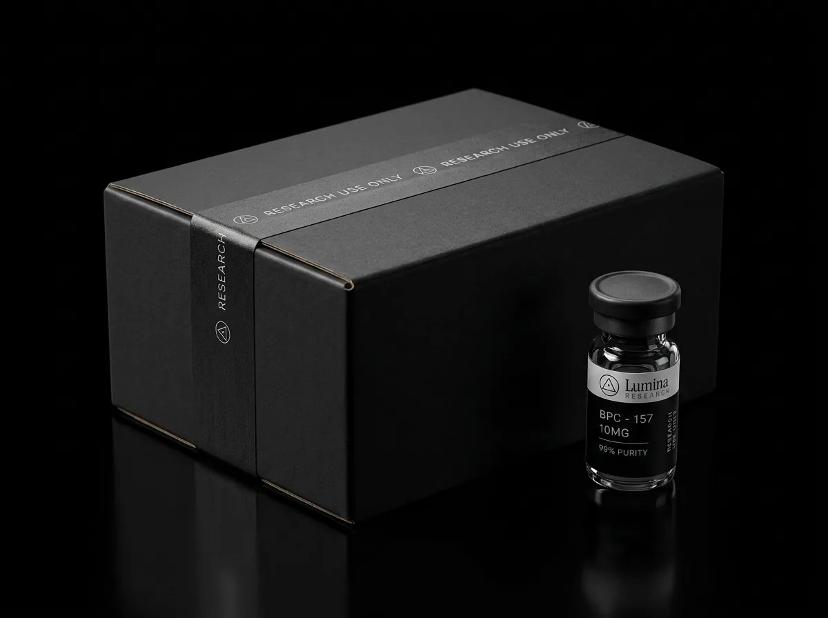 Matte black shipping box with Lumina tamper-evident tape and vial