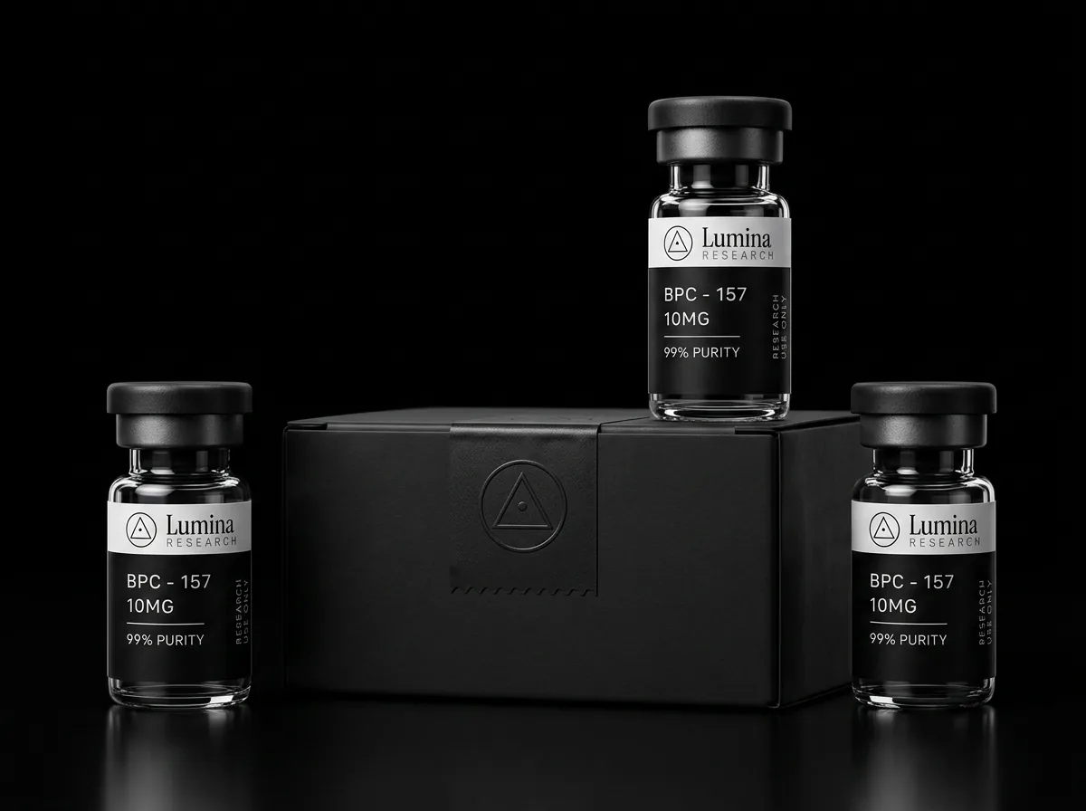 Sealed Lumina Research vials with a matte black shipping box